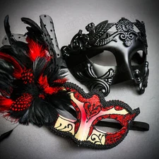 Venetian Warrior Half-Face RED Glitter Peacock Black Feather Eye Couple Mask