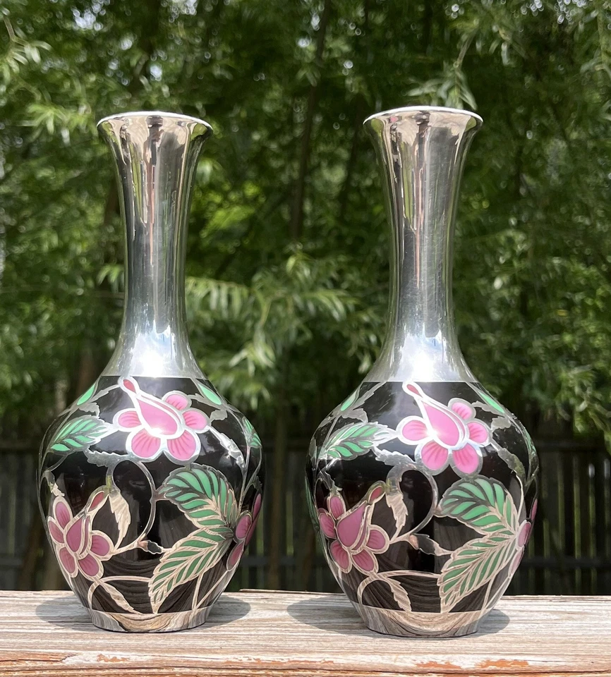 Spahr Art Deco Silver Overlay Porzellan Floral passende Vasen - Bild 4 von 4