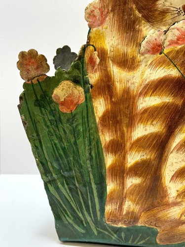 Vtg Primitive Folk Art Tabby Cat Smelling Flowers Metal Trash Can Hand Painted - Picture 12 of 19