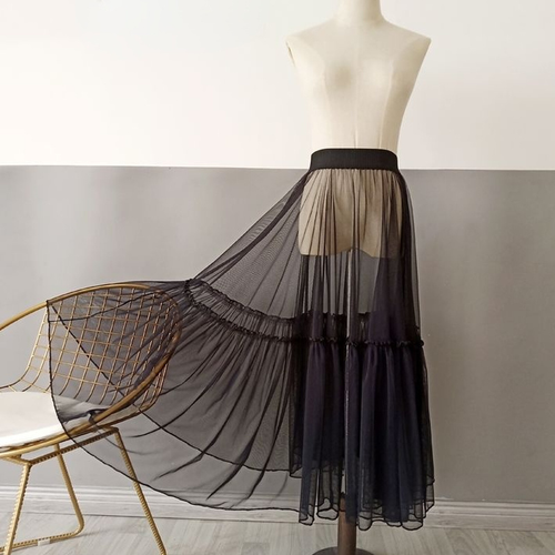 Women See Through Ruffles Skirt Mesh Sheer Lace Big Swing Petticoat Skirt Summer - Picture 2 of 11