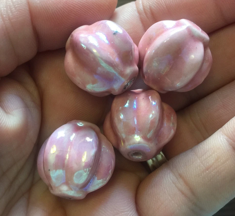 Linterna acanalada grande vintage italiana rosa con efecto AB cuentas de cerámica esmaltada grandes Foto 2 de 4