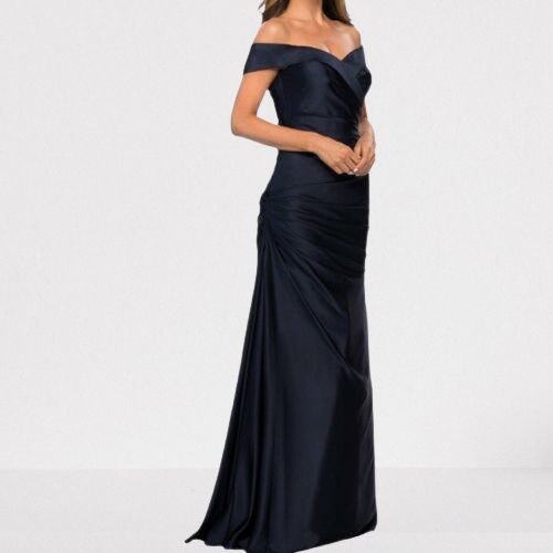 La Femme Off the Shoulder Satin Evening Dress with Pleating - Blue - 14 La Femme Off the Shoulder Satin Evening Dress with Pleating - Blue - 14