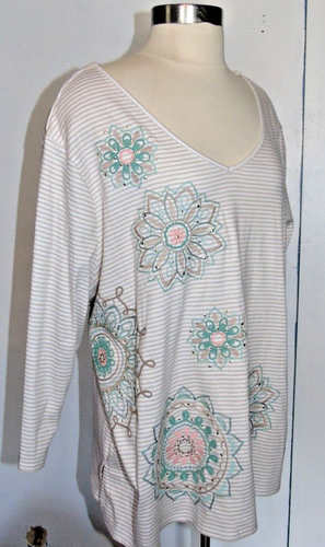 Alfred Dunner Woman 1X Coconut Grove Embellished Top 3/4 sleeve NEW - Imagen 2 de 11