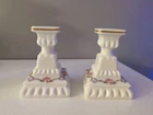 Vintage Pair Westmoreland Hand-Painted Roses & Bows Milk Glass Candlesticks 4.5"