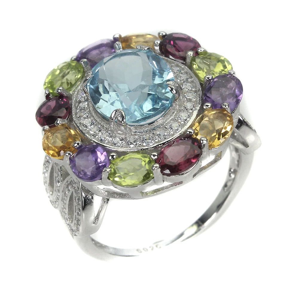 925 Sterling Silver Ring Oval Sky Blue Topaz 11x9mm Amethyst Ruby Gemstone Sz 9 - Image 3 of 4