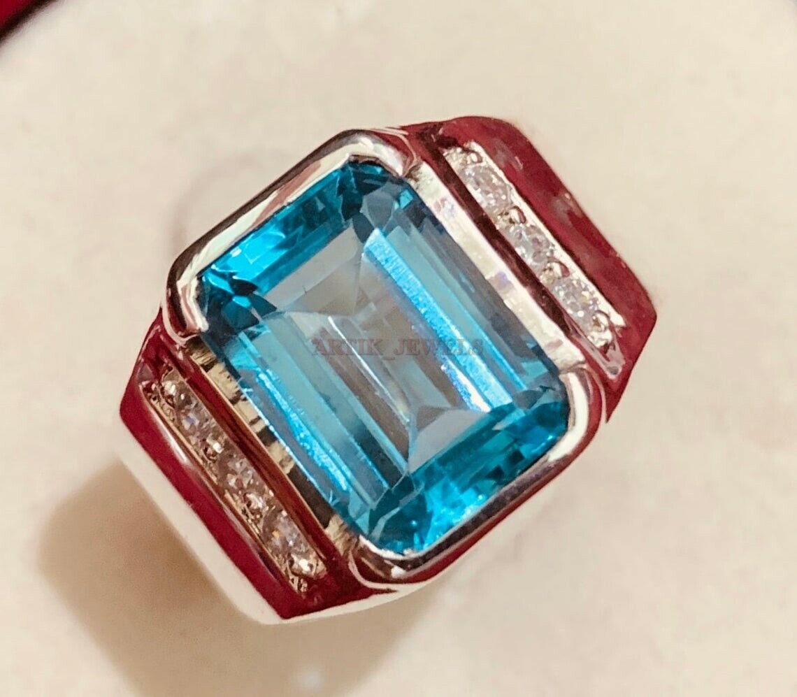 Natural Blue Topaz Gemstone with 925 Sterling Silver Ring for Men's AJ503 Tanie krajowe