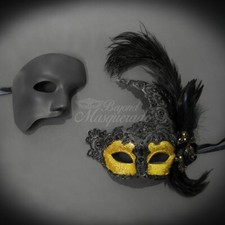 Couple's Masquerade Masks Feather Masquerade Masks Mardi Gras Gold Black