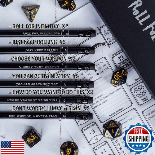 DND Pencils Set of 12 - Silver Foil Stamped with RPG Slogans and D6 Dice Numb - Picture 5 of 5
