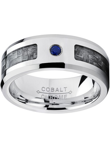 Cobalt Men's Wedding Band Gray Carbon Fiber Inlay 0.05 Carat Blue Sapphire - Picture 3 of 5