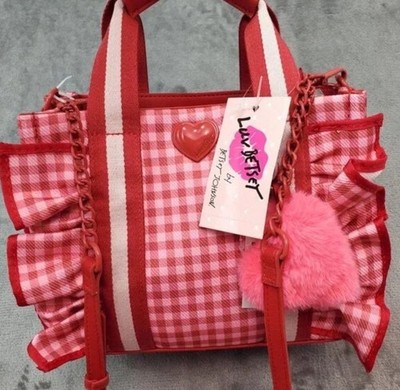 Betsey Johnson Pink Red Gingham Ruffle Tote Bag Heart Charm