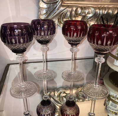 4 Bohemian Color Cut To Clear Crystal Wine Glasses 7,5  Tall