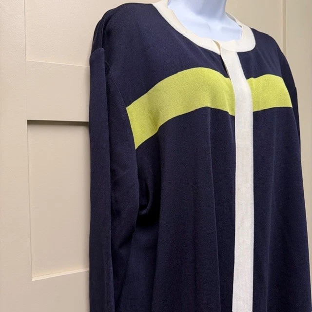 Exclusively MISOOK Sz 3X Navy Blue + Lime Green Open Front LONG Knit Cardigan - Image 3 of 4