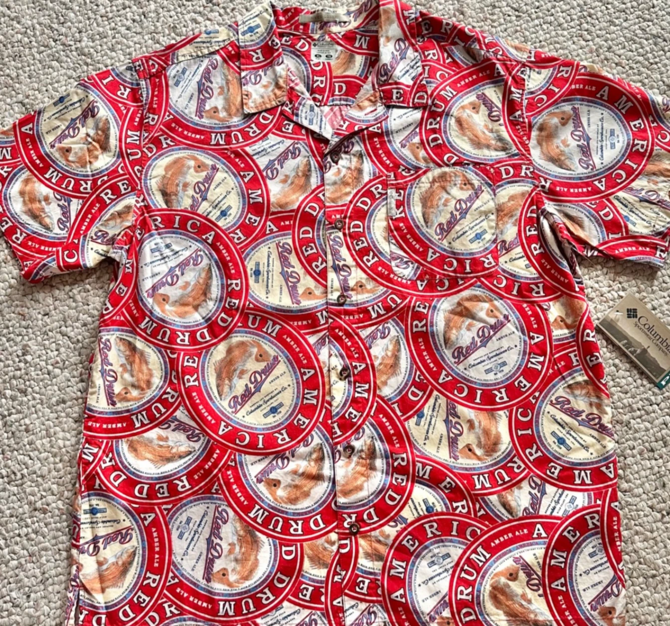 Columbia Red Drum Hawaiian Fishing Shirt Men Red River Lodge Size XL NWT