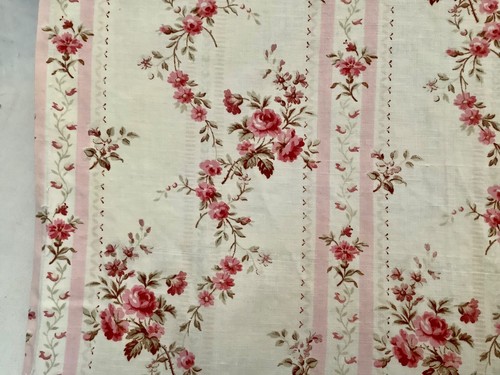 Antique French Fabric Cotton Floral Pink Stripe Roses 1900 Shabby Chic - Picture 7 of 14