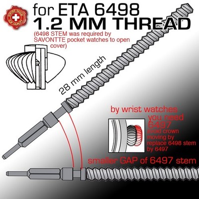 WINDING STEM, ETA  UNITAS 6497, 6498 family 1.2 mm thread