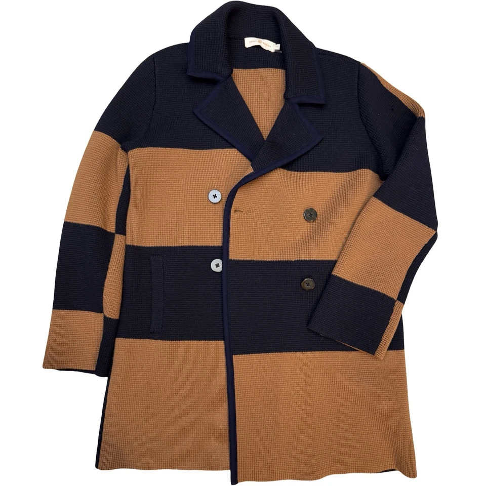 Casaco suéter Tory Burch listrado malha peito duplo azul marinho camelo S usado - Imagem 2 de 4