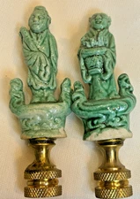 Lamp Finial Set Of 2 Asian Figural Ceramic Men Blue with Gold Trim
