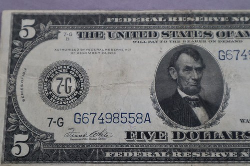 1914 $5 Dollar Federal Reserve Note Chicago Blue Seal G67498558A - Picture 3 of 6
