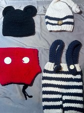2 Knit Outfit Newborn Crochet Pants Hat Photo Props Shoot Baby Boy Mickey Lot
