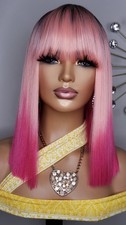 NEW Blunt Cut Bob Full Cap Wig Bangs Style Pink Ombre Womens Fashion Hair Wigs