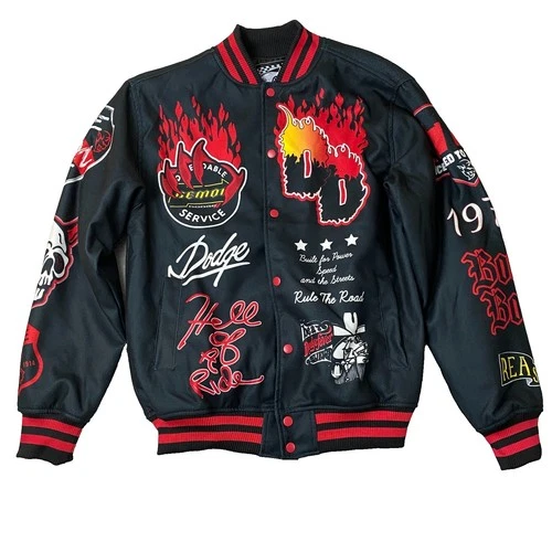 Dodge x Reason Men Varsity Bomber Jacket Limited Edition M Black Demon Flame NEW - product listing photo