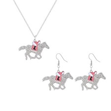 Horse Necklace Earring Set for Women Dainty Fashion Rhinestone Horse Pink