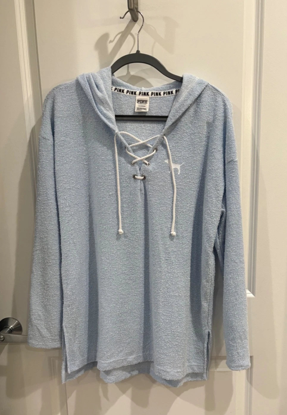 Pink Victoria Secret SZ Large Terry Cloth Powder Blue Lace-Up Hoodie Pullover