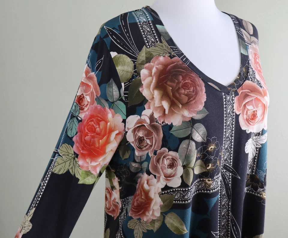 Camiseta JOHNNY WAS Los Angeles $138 Rosabel Floral Cuello en V Manga Larga Talla 1X Foto 4 de 4