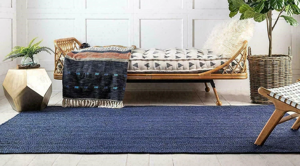 Jute Rug in Square Shape Hand Braided Area Rug Farmhouse Jute Rug Blue Color - Image 3 of 4