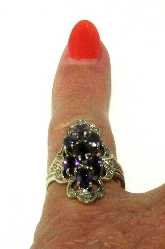 Donna 9ct 9Carat Oro Giallo Amethyst & Diamante Cocktail Anello Misura UK N 1/2 - Foto 6 di 9