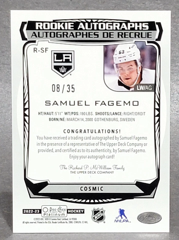 2022-23 O-Pee-Chee Platinum Rookie Autographs Cosmic #R-SF Samuel Fagemo 8/35 - Image 2 of 2