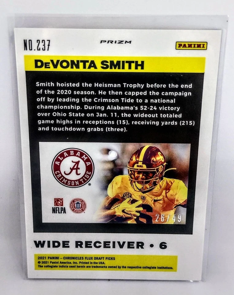 DeVONTA SMITH 2021 Flux Draft Picks PURPLE PRIZM RC /49 - Philadelphia Eagles SP - Image 2 of 2