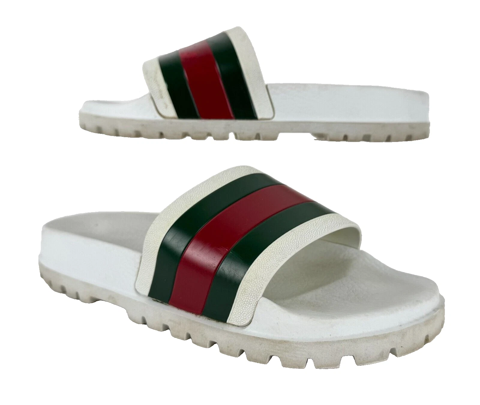 Gucci Auth hommes 7,5 US 7 UK 41 EU blanc rouge toile caoutchouc piscine slides sandales chaussures