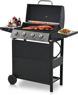 4 Burner BBQ Propane Grill 34,200 BTU Stainless Steel Cooking Grate Side Shelves