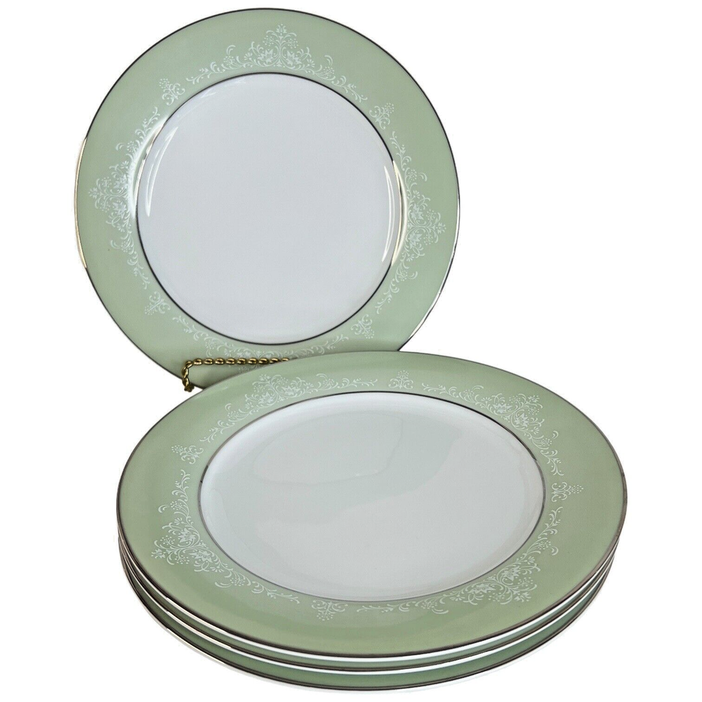 4 Noritake Maureen Salad Plates 6728 Green Rim White Scroll Silver Trim Japan