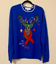 Ugly Christmas Sweater Big Head Reindeer Embroidered Mens Medium Holiday Sweater