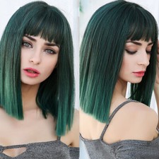 New Fashion Green Synthetic Hair Wig With Bangs Heat Resistant Glueless Soft Wig