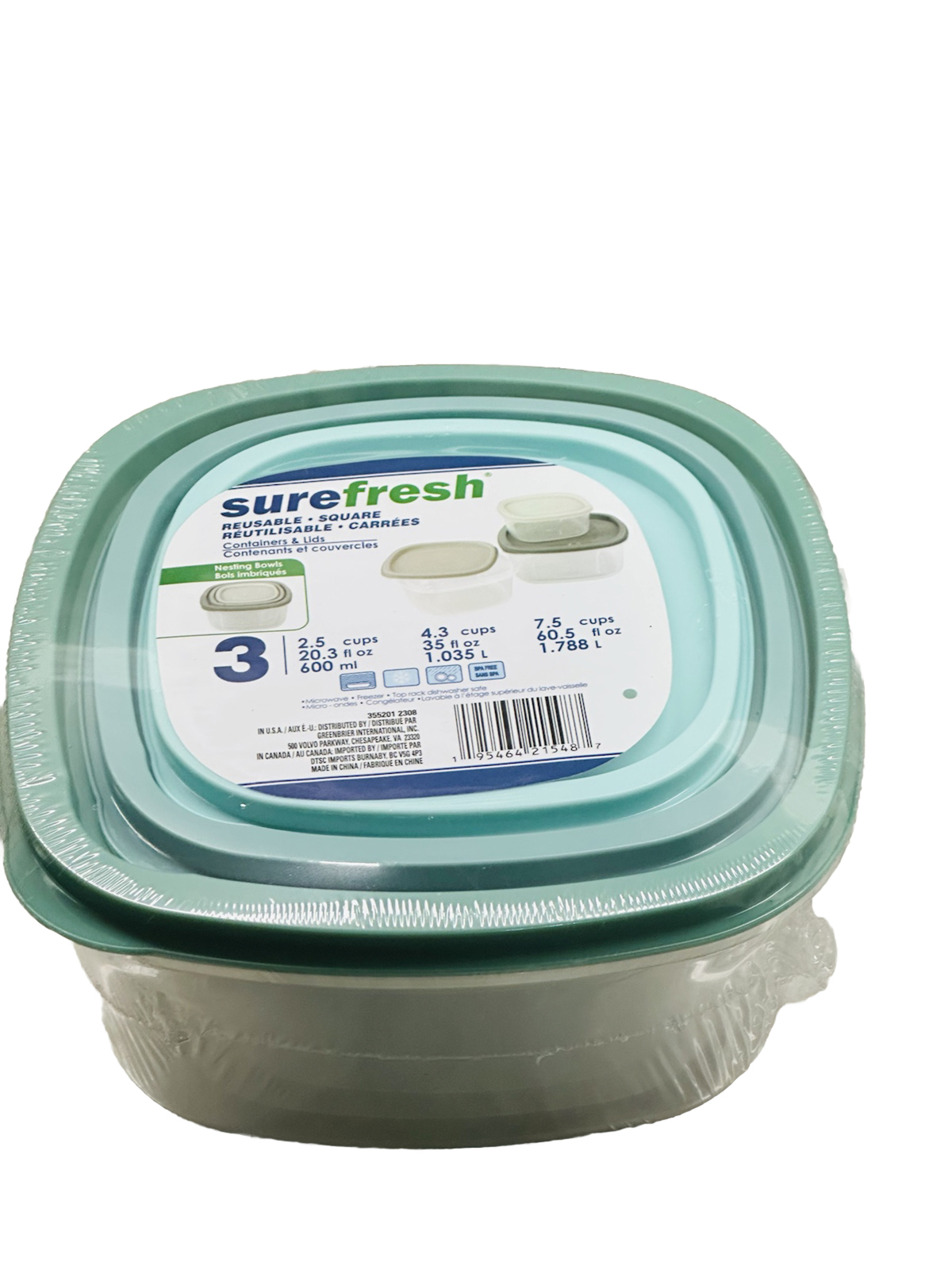 Sure Pak Containers Sure Fresh Square Containers & Lids 3 Pack (20.6 oz, 35 oz & 60.5 oz)1 ...