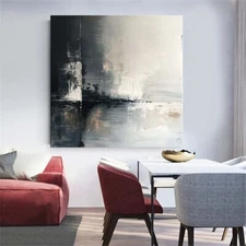 black abstract oil painting hand painted on canvas Minimalist Room Gray 31in