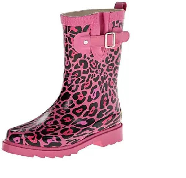 Western Chief Girl's Sparkle Pink Leopard Buckle Rain Boots