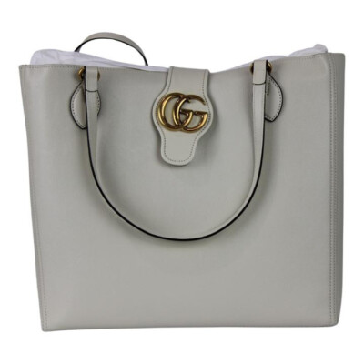 New Gucci Women's Tote Bag GG Gold Buckle Drop Handles Size M White Color