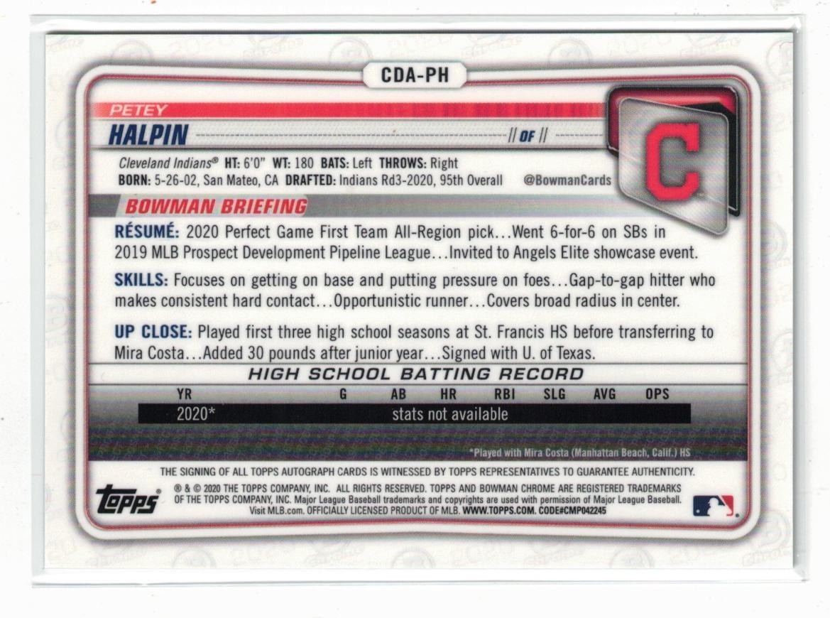 2020 1st Bowman Draft Chrome RC AUTO Petey Halpin! Guardians! Rookie! Autograph! view 2