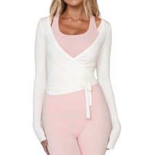 Women Ballet Wrap Top Long Sleeve Self Tie Dance Shirt Pilates Yoga Tops Y2k ...