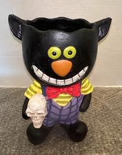 VTG Black Cat Halloween Candy Bowl Primitive Style Figure Holding Skull 11.5”
