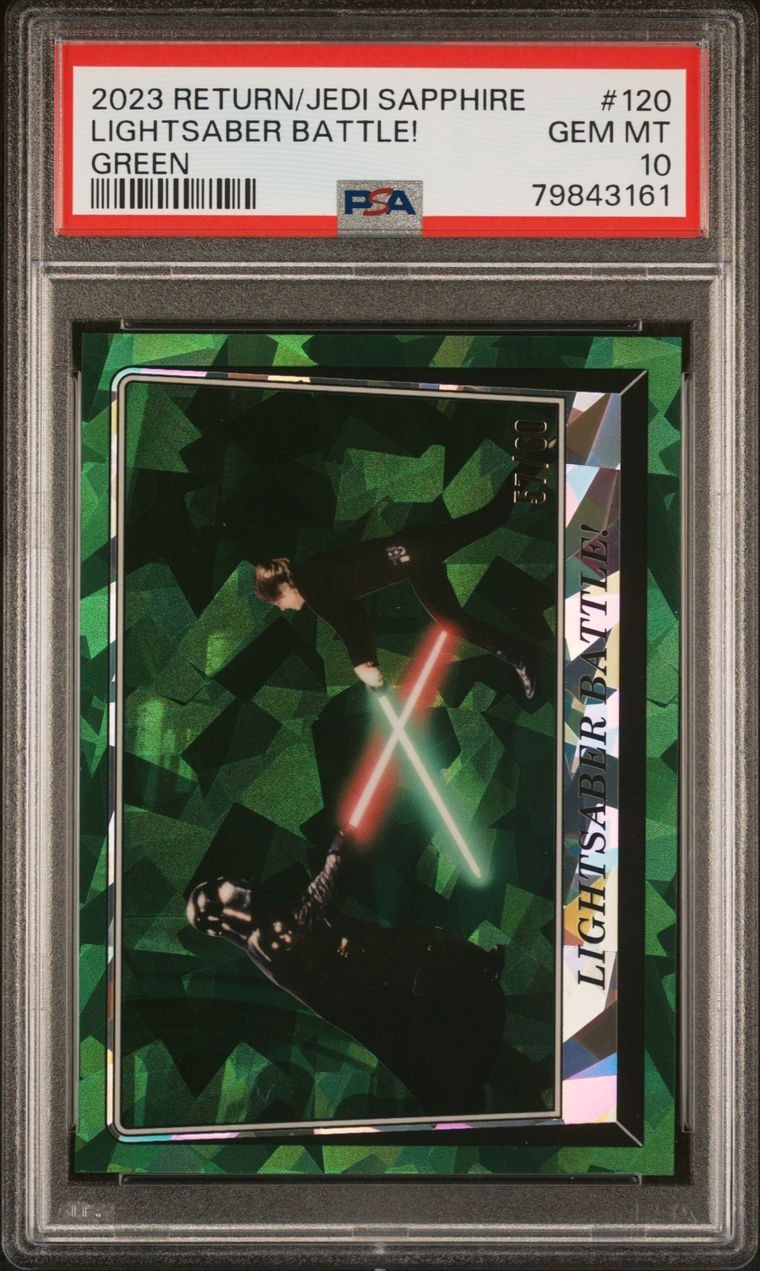 2023 TOPPS ROTJ SAPPHIRE LIGHTSABER BATTLE! GREEN /60 #120 PSA 10 view 3