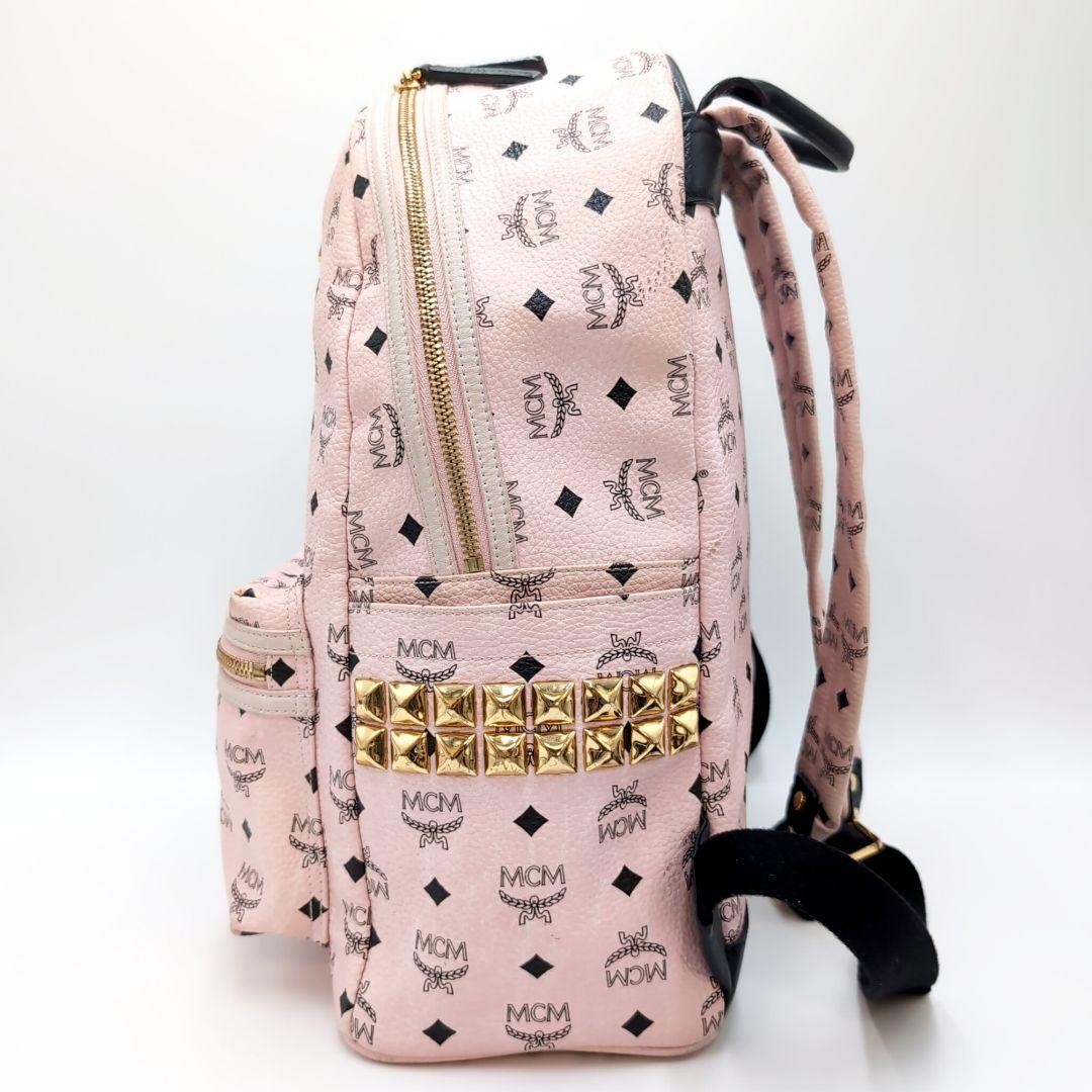 MCM Visetos Backpack Large Capacity Pink Studs Leather Metal 41cm