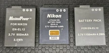 3 EN-EL12 Batteries Nikon, Maximal Power 3.7v **Untested As-Is READ**