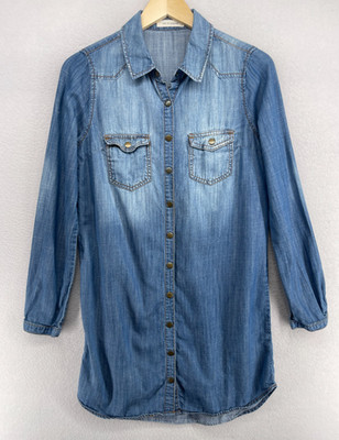 LIFE IN PROGRESS Dress M Chambray Denim Shirtdress Snap Front Western Blue