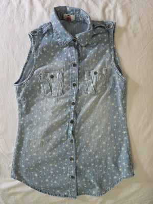 Vintage L.E.I. Star Print Denim Vest Top Medium Blue Wash Sleeveless Button Up