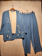 VTG J.S.S. Knit Pants Suit Wool Blend Cardigan 3 Piece Leisure Loungewear Sz XL